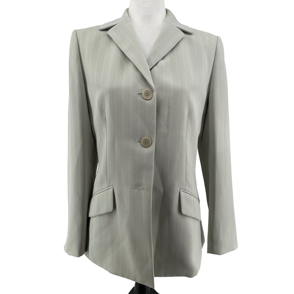 Le Suit‎ Blazer Women 8 Sage Green Pinstripe Long Sleeve Button Up Career Office